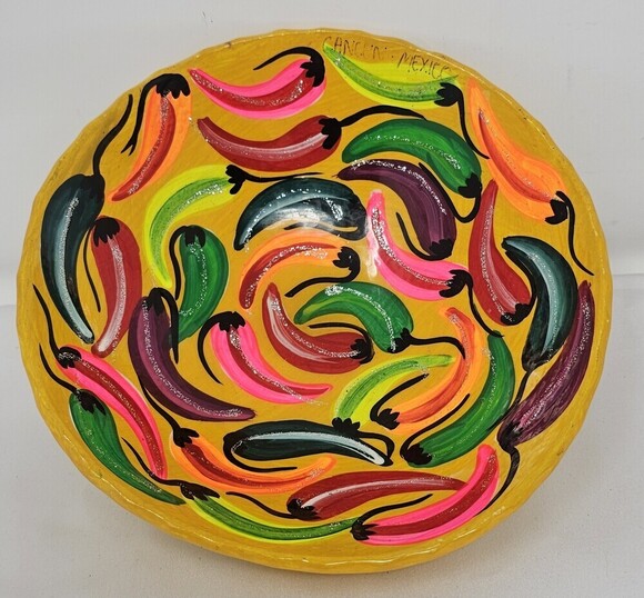 Unknown Other - Mexican Folk Art Pottery Footed Bowl Hand Painted Dish Chili Pepper Motif Bright